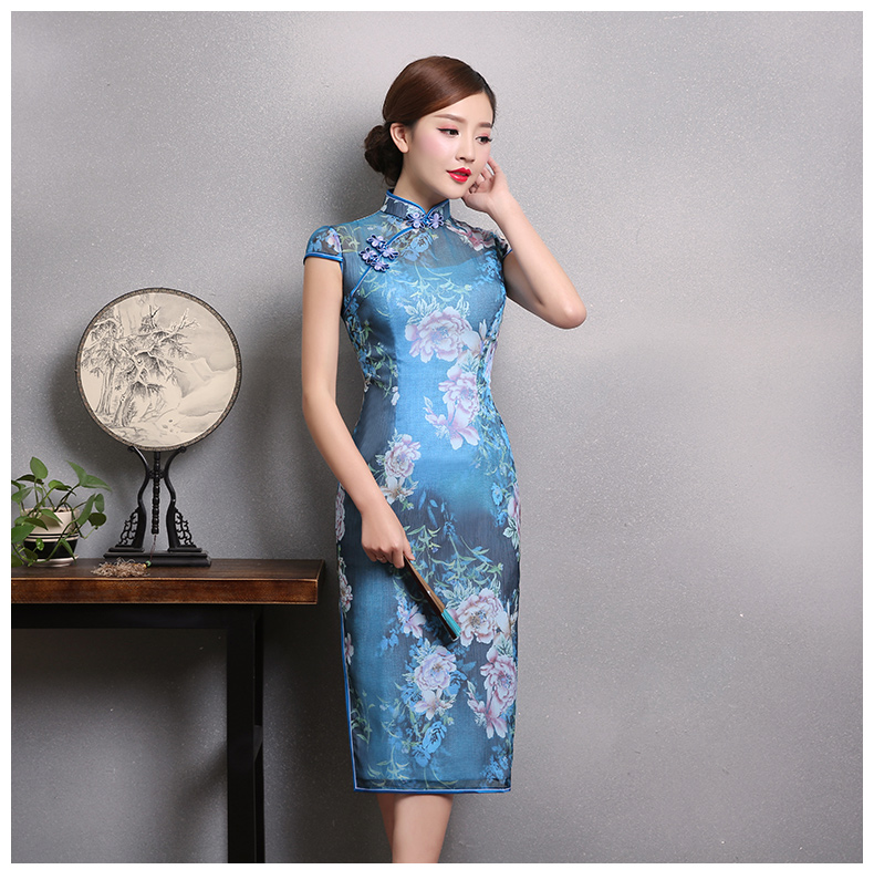 典雅藍(lán)色印花旗袍，時(shí)尚短袖旗袍裙