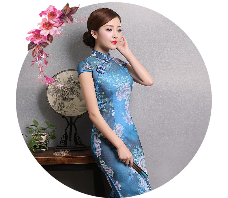 典雅藍(lán)色印花旗袍，時(shí)尚短袖旗袍裙