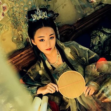 華麗妝容帶團(tuán)扇女子頭像，唯美古風(fēng)真人頭像