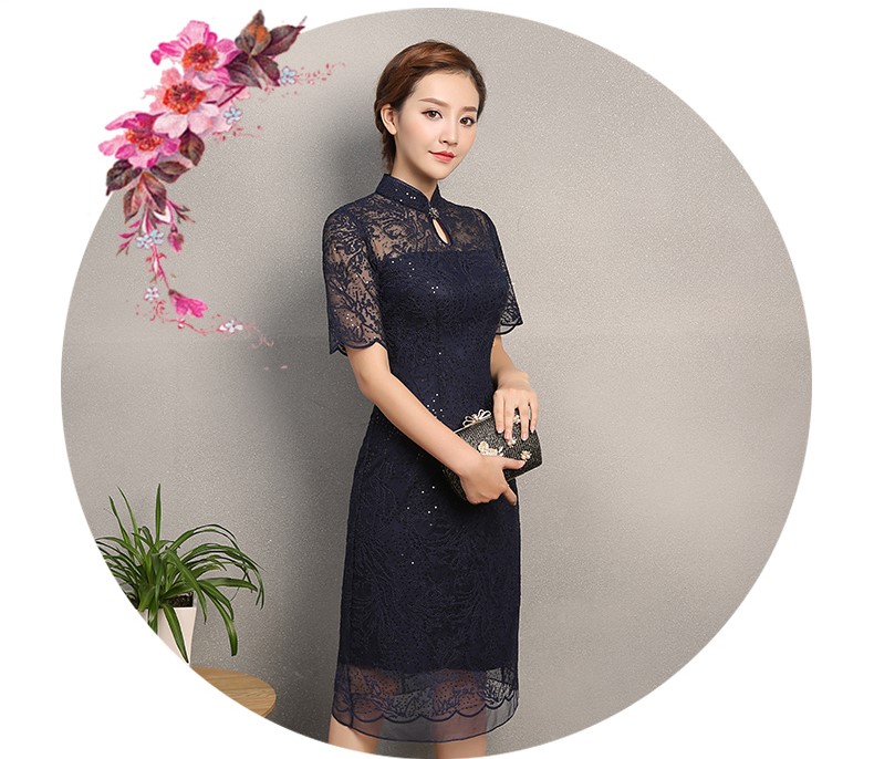 復(fù)古蕾絲繡花亮片旗袍，深藍(lán)色旗袍裙