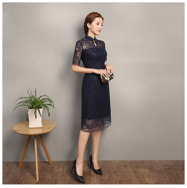 復(fù)古蕾絲繡花亮片旗袍，深藍(lán)色旗袍裙