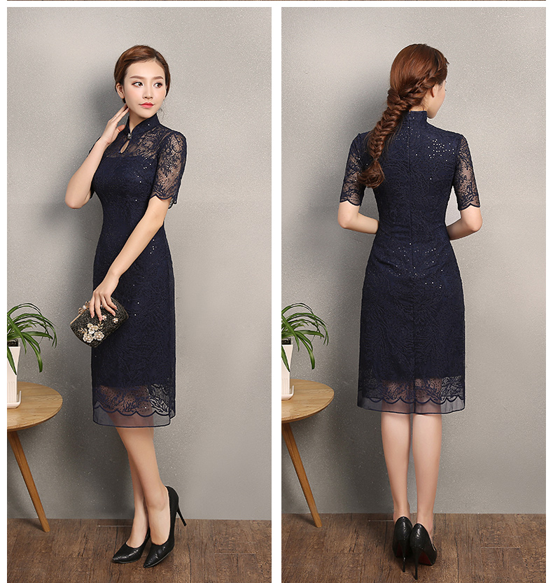 復(fù)古蕾絲繡花亮片旗袍，深藍(lán)色旗袍裙