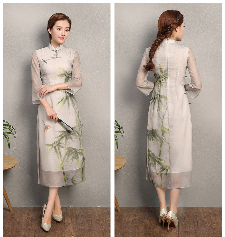 竹軒淡雅旗袍，中袖改良奧黛風旗袍裙