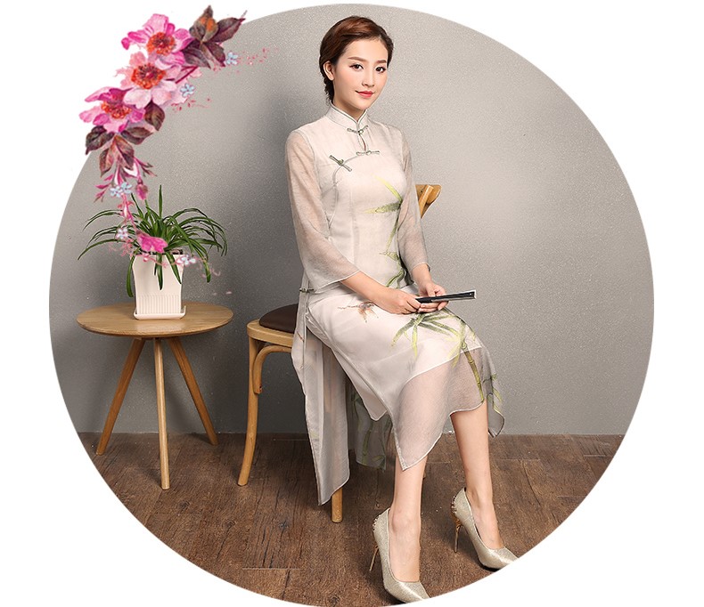 竹軒淡雅旗袍，中袖改良奧黛風旗袍裙