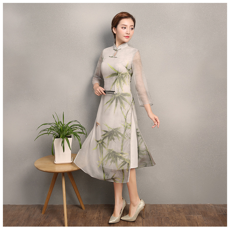 竹軒淡雅旗袍，中袖改良奧黛風旗袍裙