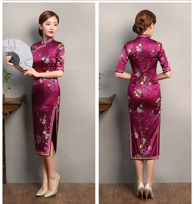 玫紅色印花旗袍，中袖真絲旗袍裙