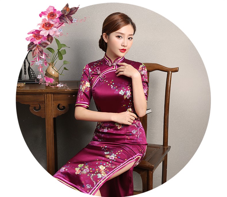 玫紅色印花旗袍，中袖真絲旗袍裙
