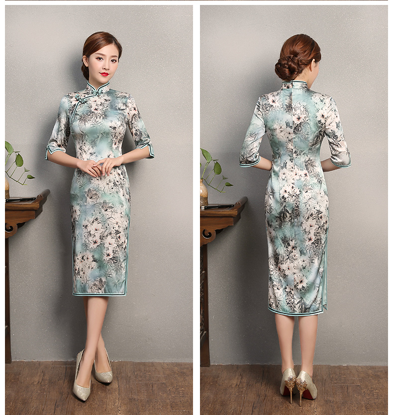 淡青色印花旗袍，芳顏中袖真絲旗袍裙