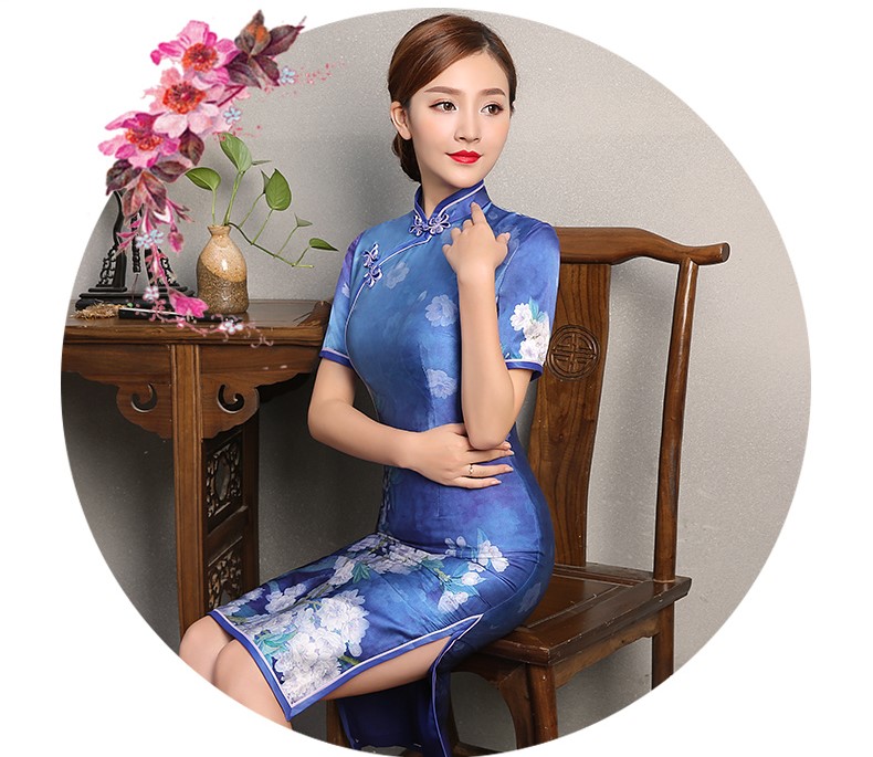 藍(lán)嬌印花旗袍，復(fù)古真絲旗袍裙