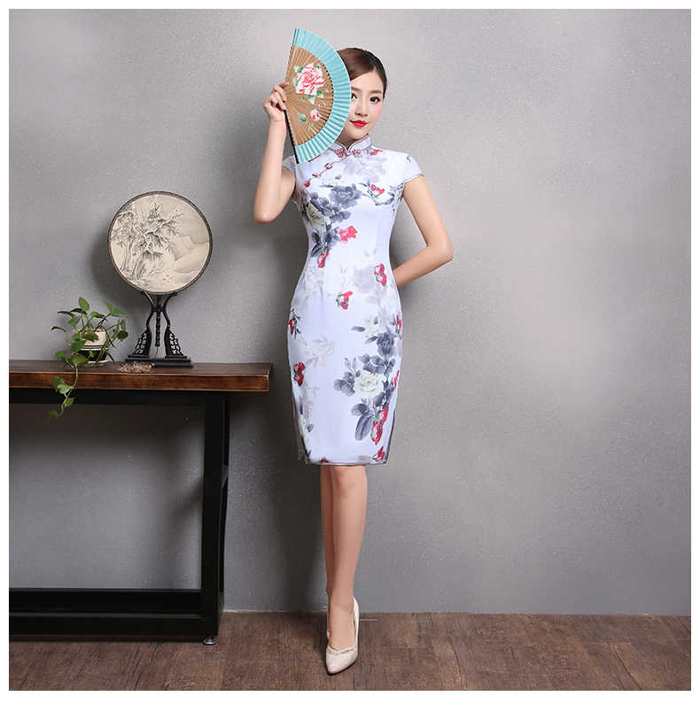 花美牡丹旗袍，復(fù)古家佳樂文學(xué)短袖旗袍裙