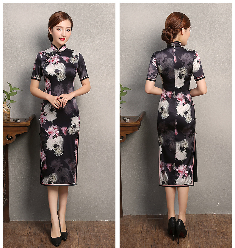 夜雨粉白印花旗袍，短袖真絲旗袍裙