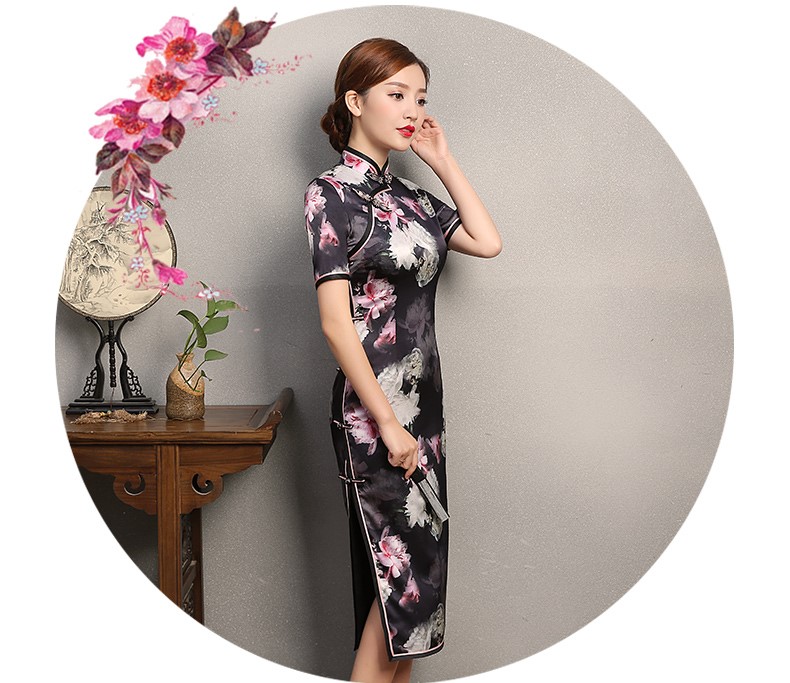 夜雨粉白印花旗袍，短袖真絲旗袍裙