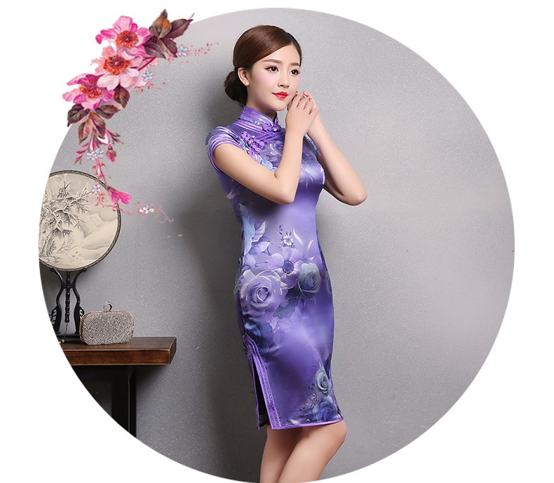 紫玫瑰印花旗袍，短袖三包邊旗袍裙