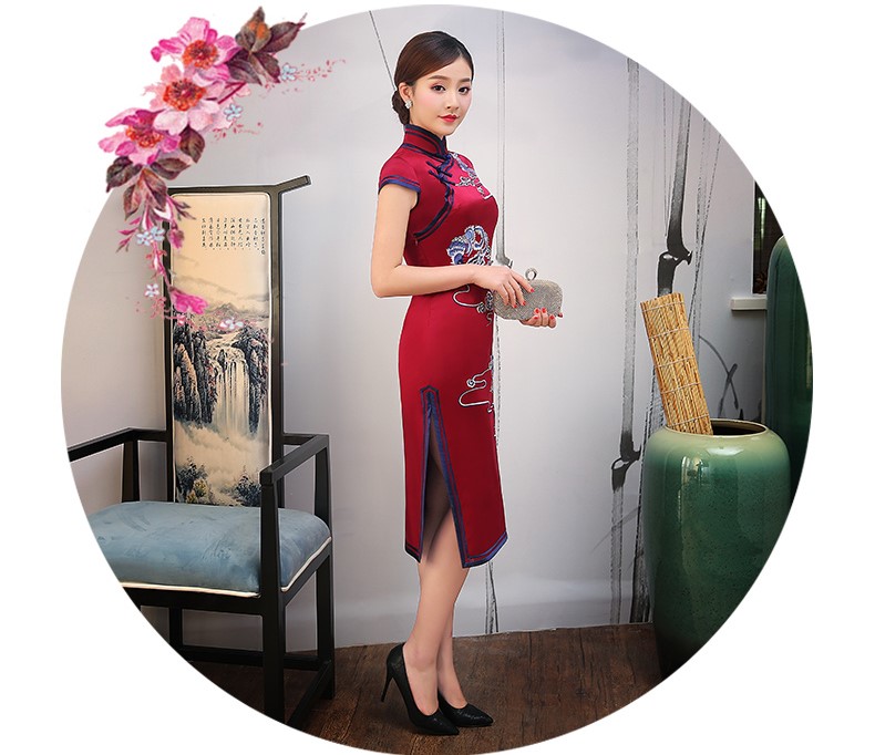 紅色云鳳刺繡旗袍，短袖真絲旗袍裙