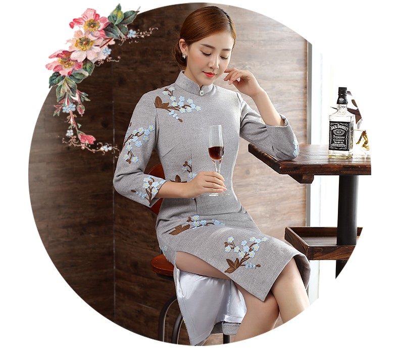 灰色繡花旗袍，復(fù)古文藝旗袍裙