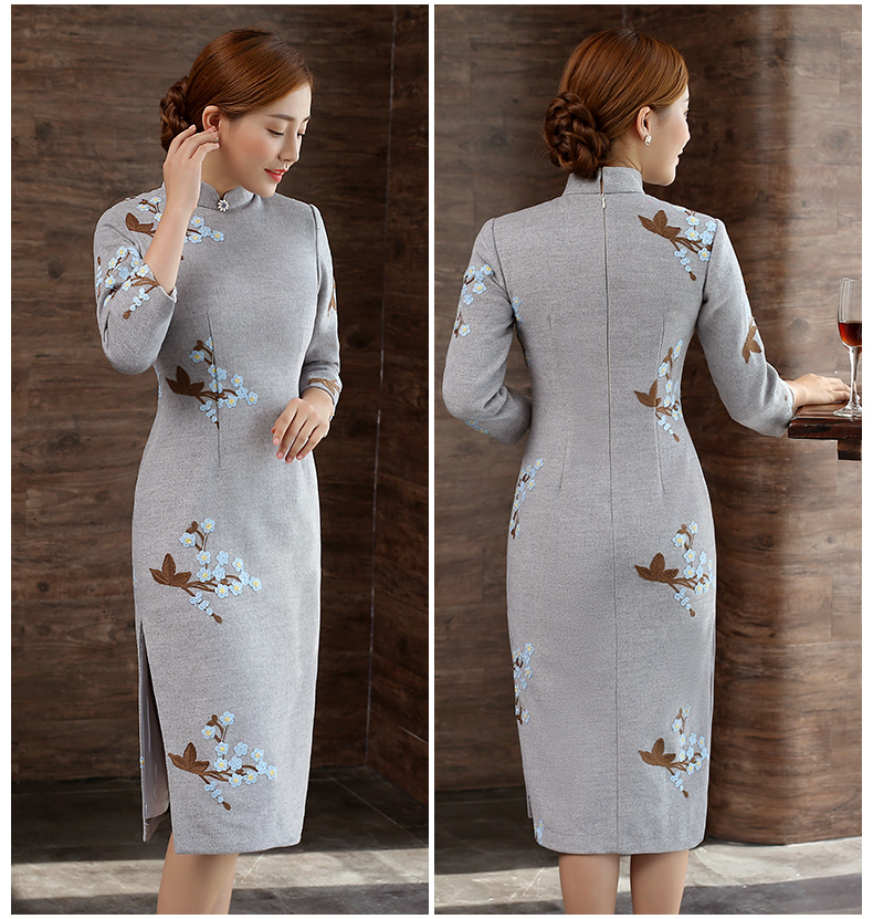 灰色繡花旗袍，復(fù)古文藝旗袍裙