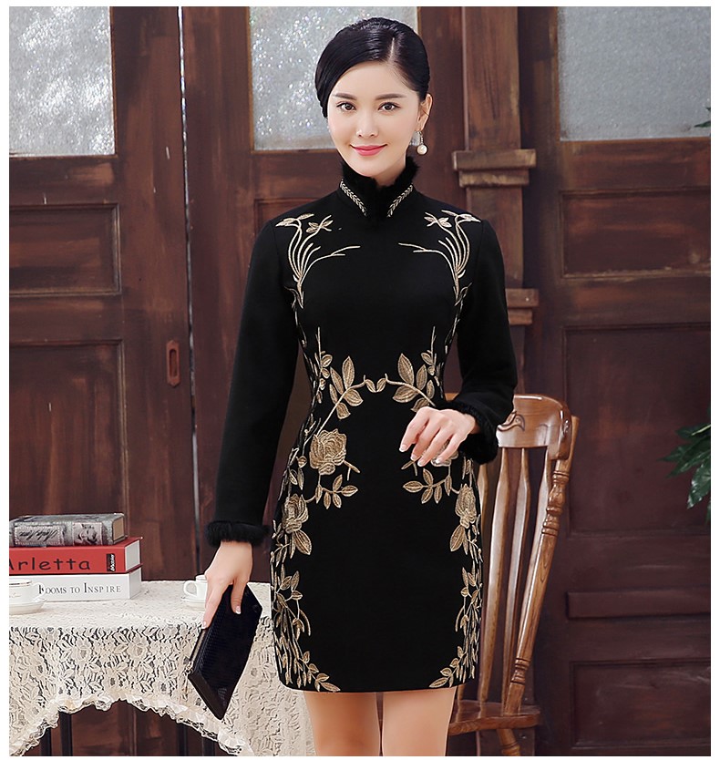 黑色麥穗繡花旗袍，加厚短款旗袍裙