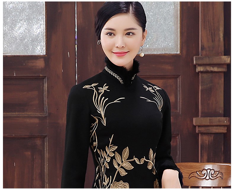 黑色麥穗繡花旗袍，加厚短款旗袍裙