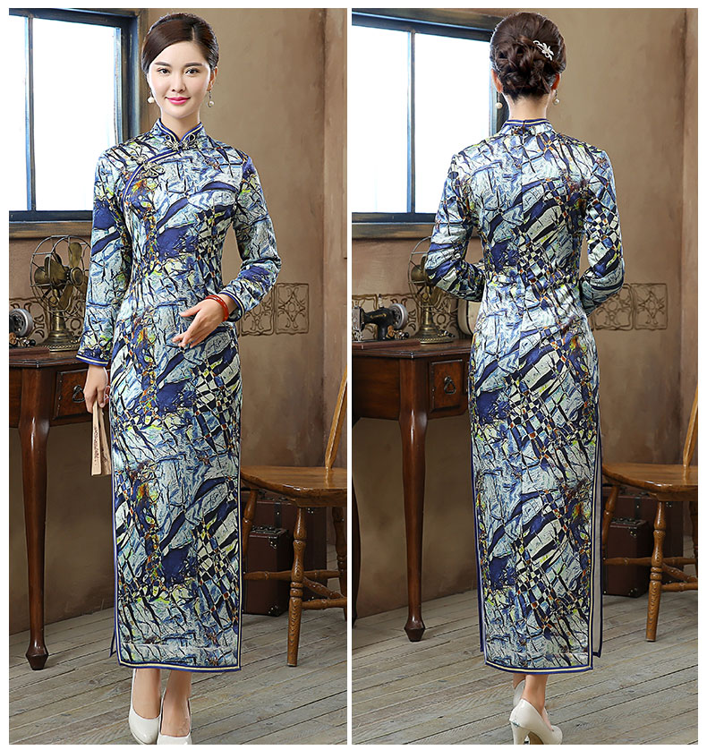 復(fù)古晶藍(lán)印花旗袍，加厚長(zhǎng)款旗袍裙