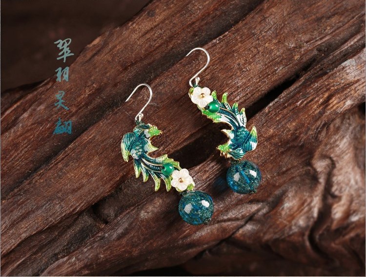 翠羽靈翩耳環(huán)，家佳樂文學(xué)琉璃景泰藍(lán)鳳凰首飾