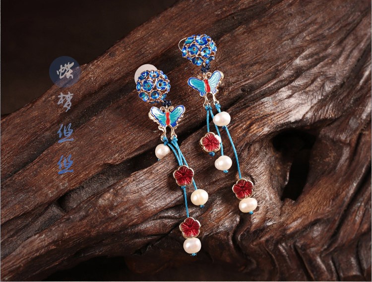 家佳樂文學(xué)景泰藍蝴蝶耳釘氣質(zhì)耳環(huán)首飾