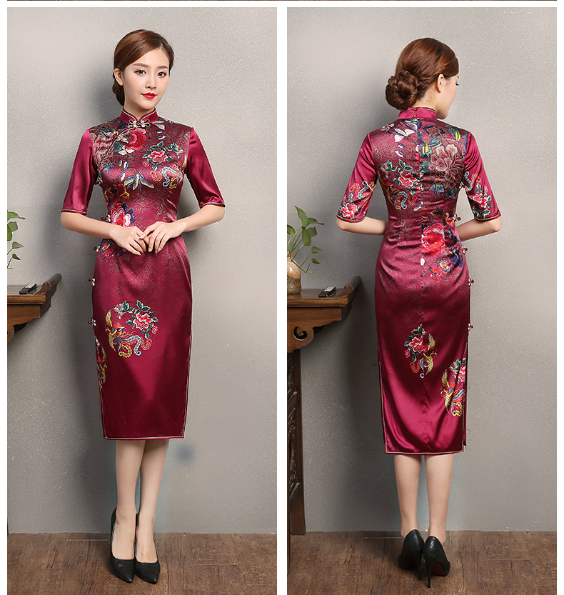 彩鳳印花紅色旗袍，端莊大氣鳳凰牡丹旗袍裙