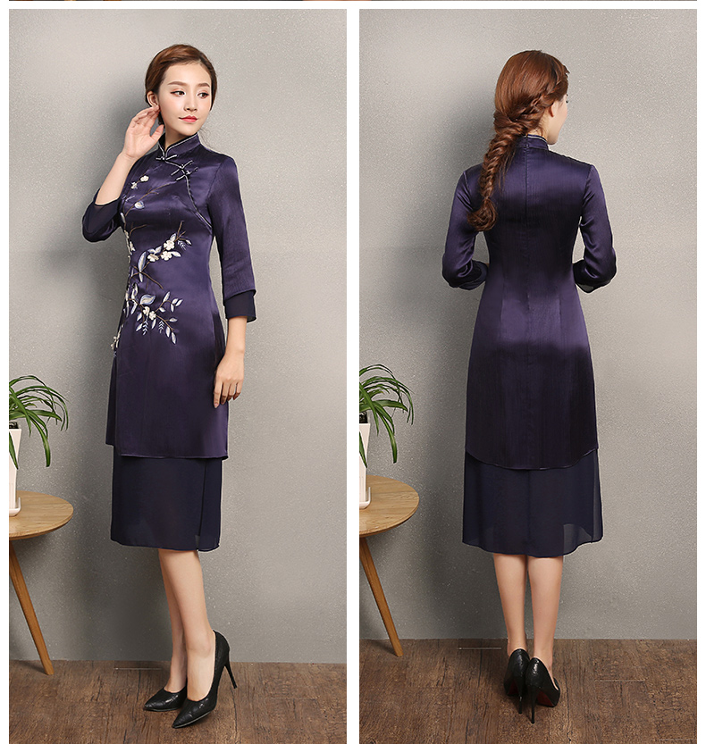 深藍色時尚繡花旗袍，中長款改良旗袍裙