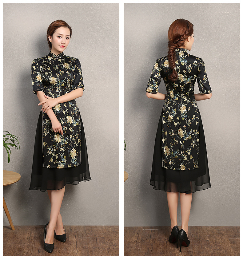 黑色時尚印黃花旗袍，奧黛旗袍裙