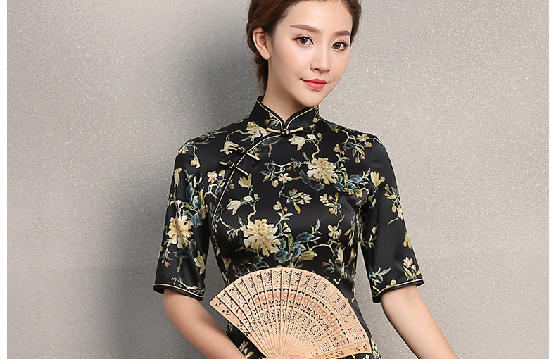 黑色時尚印黃花旗袍，奧黛旗袍裙