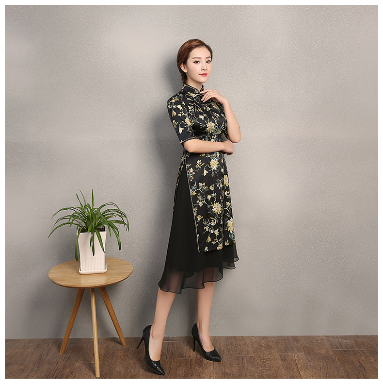 黑色時尚印黃花旗袍，奧黛旗袍裙