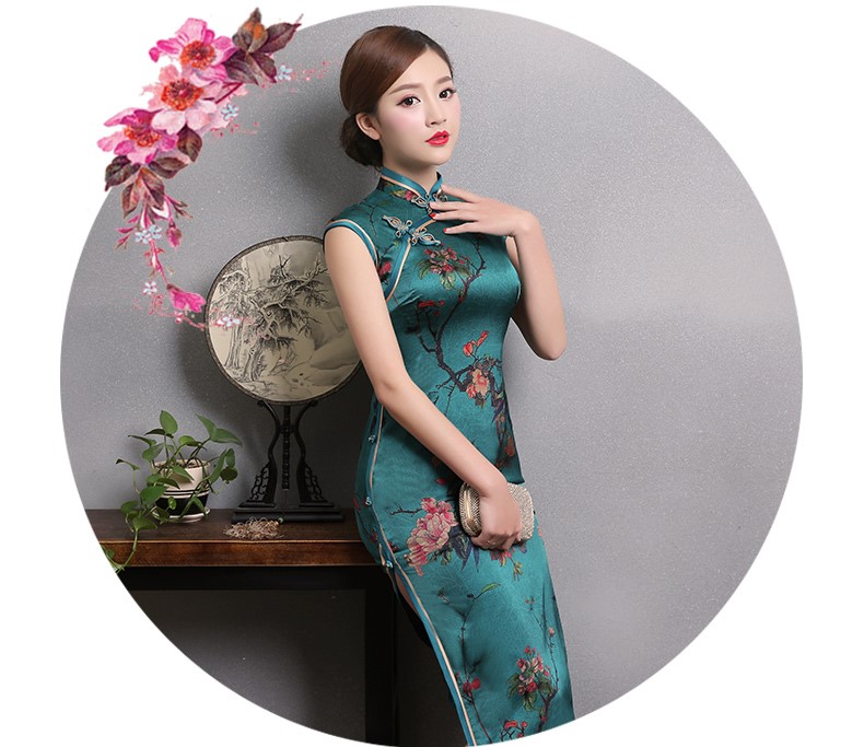 墨綠色印梅花旗袍，短袖真絲旗袍裙