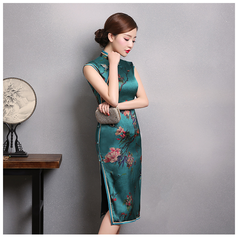 墨綠色印梅花旗袍，短袖真絲旗袍裙