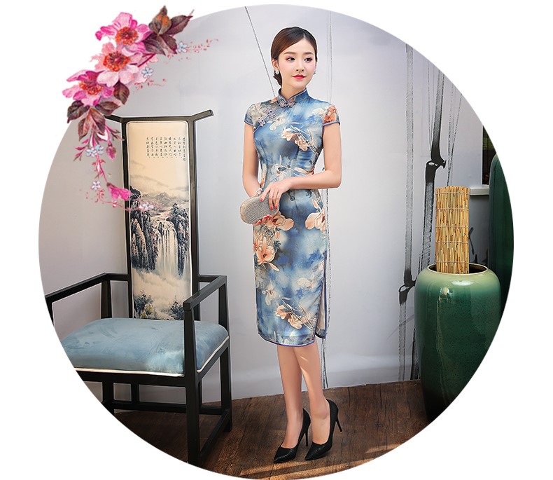 藍(lán)色幽藍(lán)印花旗袍，復(fù)古時(shí)尚旗袍裙
