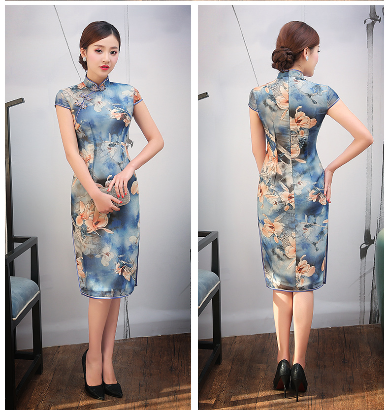 藍(lán)色幽藍(lán)印花旗袍，復(fù)古時(shí)尚旗袍裙