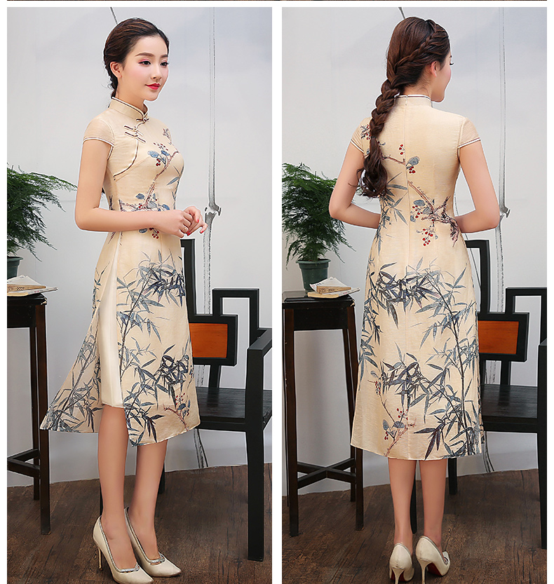 米黃色竹葉印花旗袍，復(fù)古淡雅旗袍裙