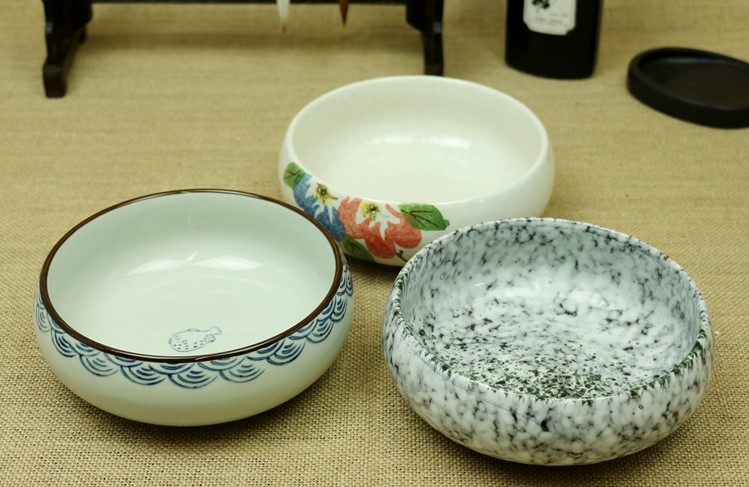 三款手繪陶瓷水淺茶洗水盂，海魚瓷筆洗