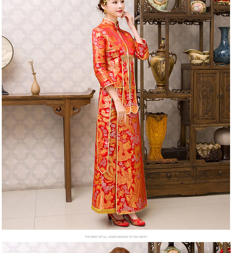 紅色旗袍中式禮服，新娘結(jié)婚禮服