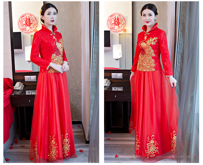 孔雀亮片繡花中式禮服，唯美新娘結(jié)婚禮服