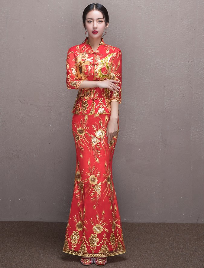 奢華花朵鳳凰刺繡中式禮服，唯美新娘魚尾禮服