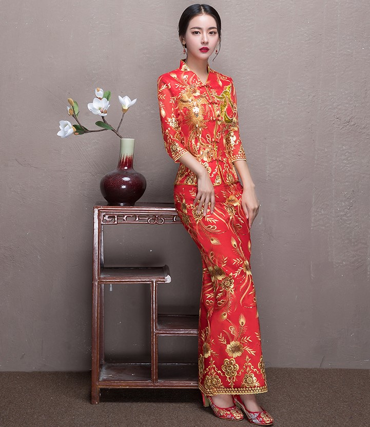 奢華花朵鳳凰刺繡中式禮服，唯美新娘魚尾禮服