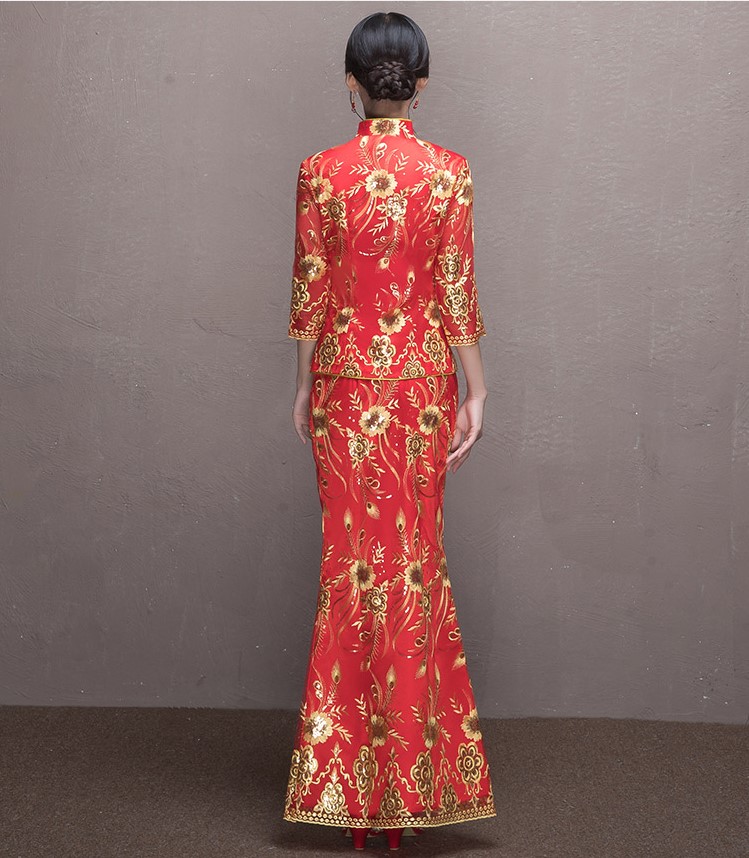 奢華花朵鳳凰刺繡中式禮服，唯美新娘魚尾禮服