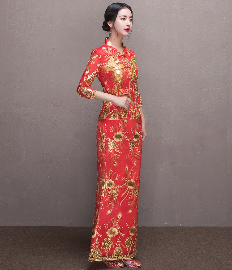 奢華花朵鳳凰刺繡中式禮服，唯美新娘魚尾禮服