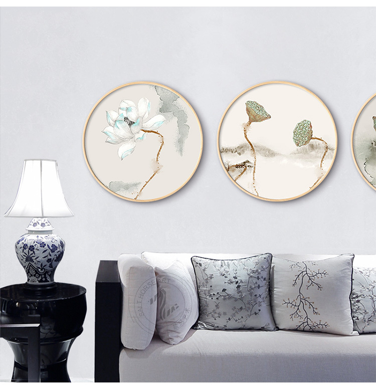 新中式寫意蓮花家佳樂文學圓形裝飾畫