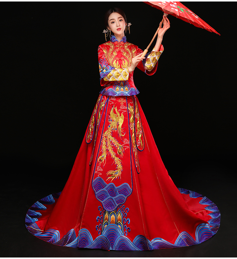 水波紋刺繡中式禮服，奢華拖尾新娘結(jié)婚禮服