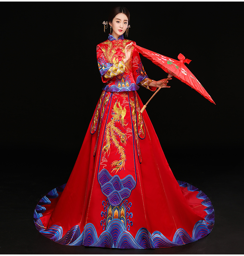 水波紋刺繡中式禮服，奢華拖尾新娘結(jié)婚禮服