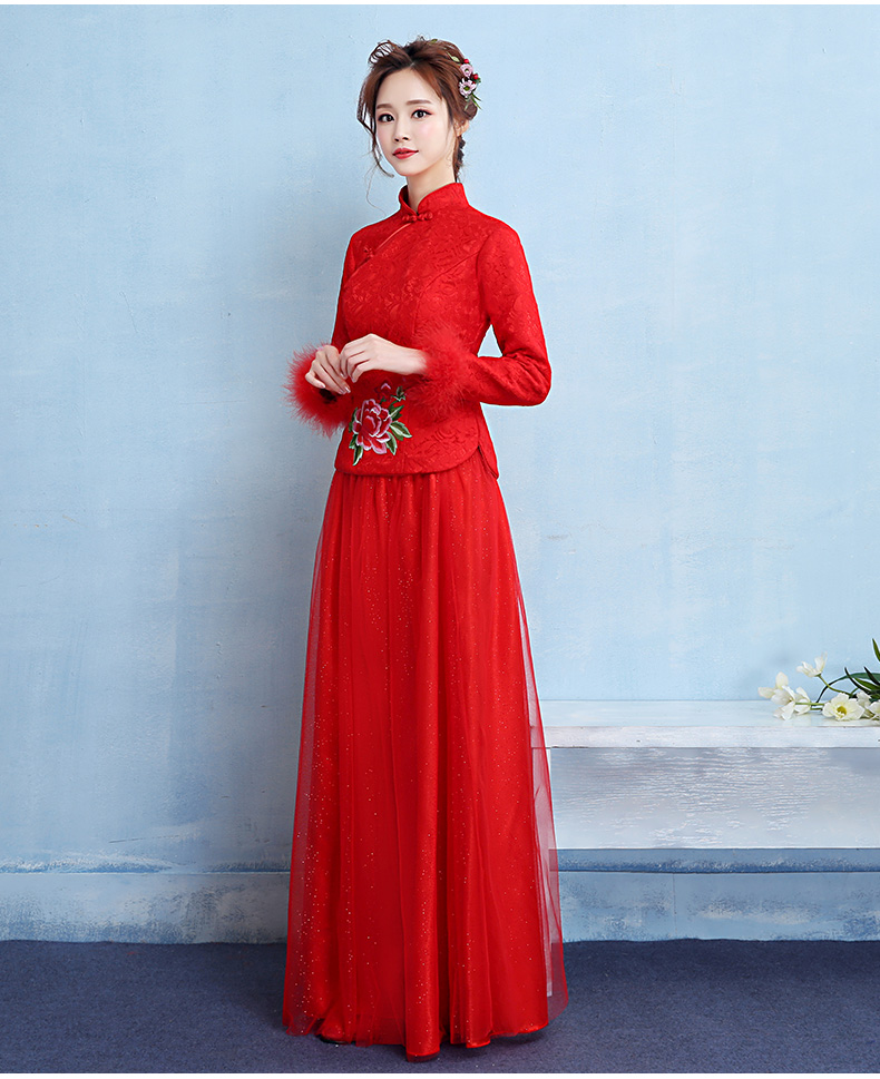 牡丹繡花中式禮服，家佳樂文學(xué)保暖晚禮服