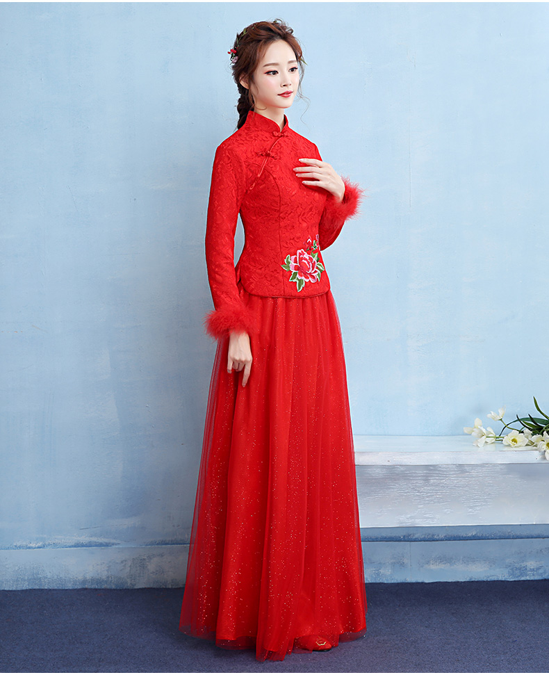 牡丹繡花中式禮服，家佳樂文學(xué)保暖晚禮服