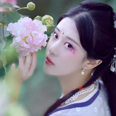 紅花綠葉帶團(tuán)扇女生頭像，唯美古風(fēng)真人頭像