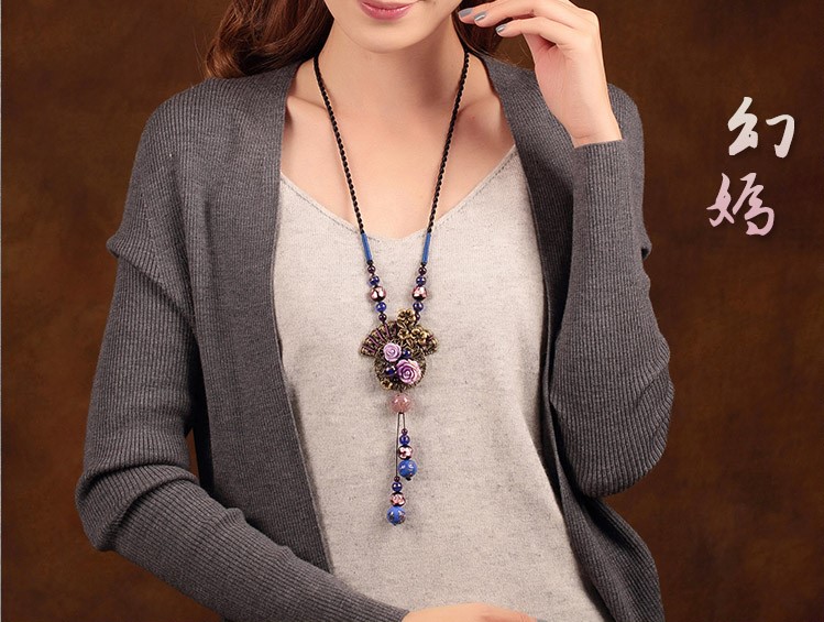 淡紫幻嫣復古玫瑰花朵毛衣鏈項鏈