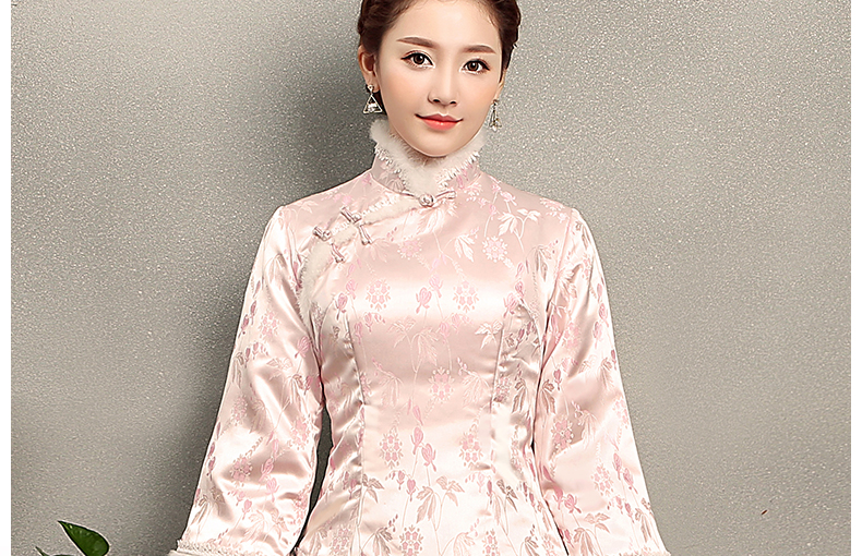 淺粉復古毛包邊女士唐裝